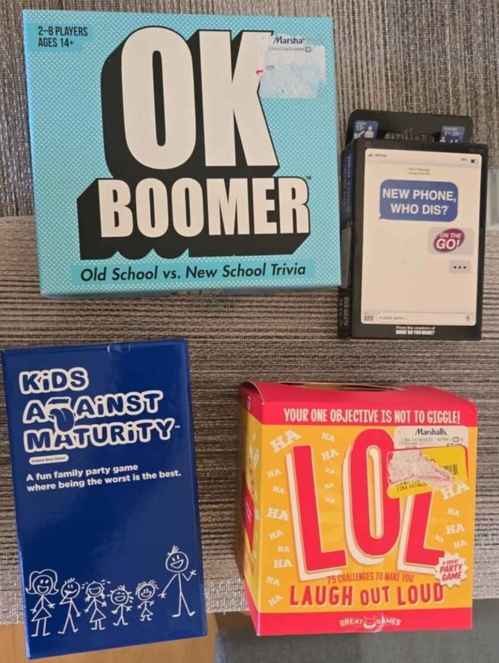 4 Games OK BOOMER, LOL, KIDS AGAINST HUMANITY, NEW PHONE WHO DIS